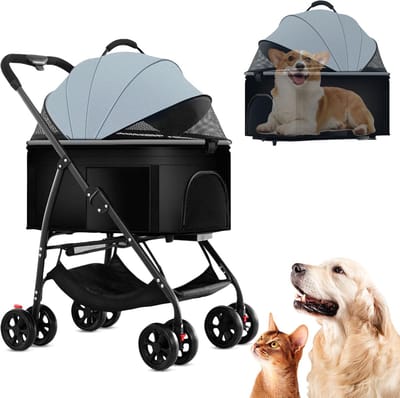 Grote Hondendriewieler, Verwijderbaar Kussen Verstelbaar Handvat Opvouwbare 4-Wielige Huisdierenwagen, Voor- en Achteringang voor Hondenkar tot 60 kg of 2 Middelgrote Honden (Zwart)