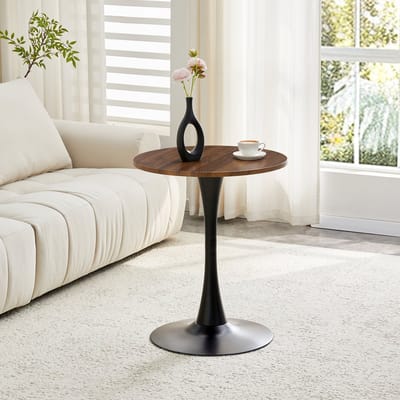 MODFU Ronde Bijzettafel - Thermogevormd Blad En Centrale Voet - Retro - Woonkamer - MDF En Metaal - Zwart En Walnootkleurig