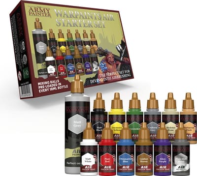 The Army Painter Warpaints Air Starter Set, 12 Warpaints in 18 ml druppelflessen (inclusief 1 metallic, 1 grijze 100 ml primer), acrylverf niet-giftige airbrushverf op waterbasis Acrylverfset