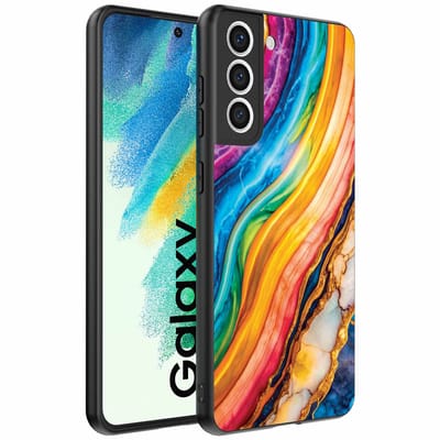 Geschikt voor Samsung Galaxy S21 FE Telefoonhoesje met Regenboog Goud Marmer Opdruk - TPU Backcover Case Rainbow Gold Marble Design - Smartphonica geschikt voor Samsung Galaxy S21 FE