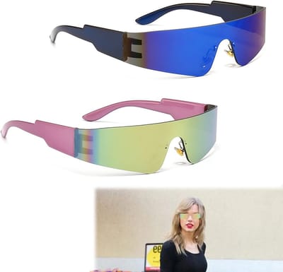 Futuristische Zonnebrillen voor Rave en Carnaval, 2 Paar Rimless en Spiegels, Ideaal voor Rollenspel en Feestjes (Blauw, Paars)