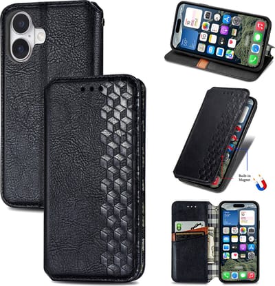 Luxe PU Lederen Ruitpatroon Wallet Case + Screenprotector voor iPhone 16 _ Zwart