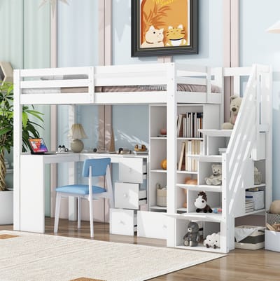 MEUNIQ Hoogslaper 90x200 cm met bureau, lades, open opbergruimte, geïntegreerde trap en uitvalbeveiliging voor kinderkamer, wit