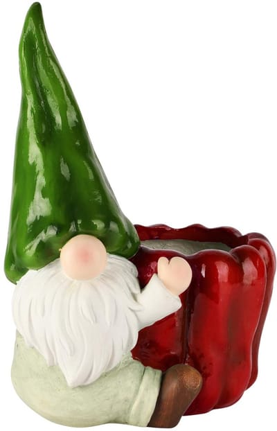Dekoratief | Tuingnoom m/bloempot, groen/rood, magnesium, 30x23x43cm | A260525