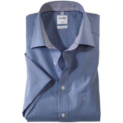 OLYMP Luxor comfort fit overhemd - korte mouw - donkerblauw met wit geruit (contrast) - Strijkvrij - Boordmaat: 40