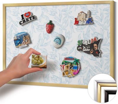 Wallfluent - Blauw Magneetbord met Ontwerpen - 60 cm x 40 cm - Magneetbord met Gouden Frame - Regelmatig bladpatroon - Design Magneetbord met Frame - Memobord voor Keuken - Magnetisch Bord Muurbevestiging