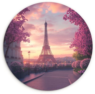 WallCircle® Wandcirkel 120x120 cm - Muurcirkel Eiffeltoren - Parijs - Roze - Muurdecoratie woonkamer - Wanddecoratie slaapkamer - Kamer decoratie accessoires - Ronde schilderijen XXL