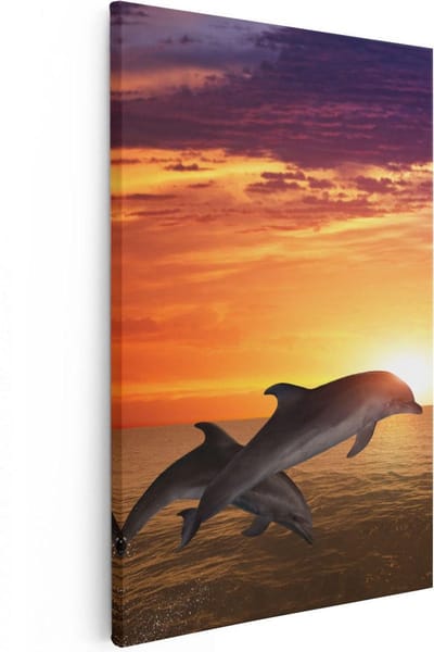 Artaza Canvas Schilderij Dolfijnen Zee En Strand - 20x30 cm - Klein - Wanddecoratie Dieren - Muurdecoratie Zonsondergang - Kamer Accessoires