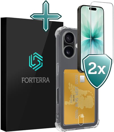 Hoesje Geschikt voor Apple iPhone 17 - Met Screenprotector - Pashouder - Kaarthouder - Back Cover - Telefoon Hoes Shockproof - Siliconen Case - Shock Proof - Pasjes Houder - Transparant