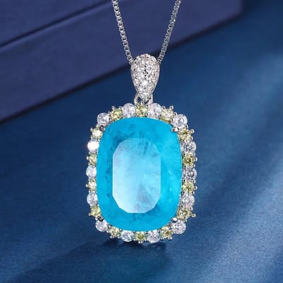 15*20mm Paraiaba Toermalijn Edelsteen Sieradensets Voor Vrouwen Luxe Vintage Verstelbare Ring Hanger Ketting blue