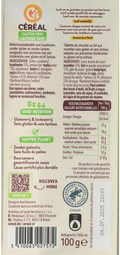 Céréal Chocoladetablet Melk Hazelnoot - 10 x 100 gr - Voordeelverpakking