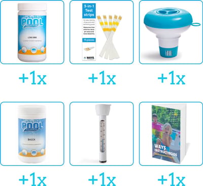 Zwembad Onderhoudspakket - Onderhoud Zwembad - bevat Chloor - Testrips - Chloordrijver - Chloor - Thermometer en Zwembadgids (6-delig)