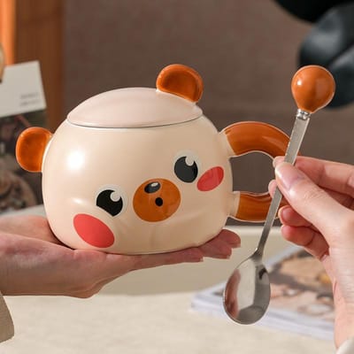 Tasse en céramique ours dessin animé créatif avec couvercle pour la maison, petit-déjeuner, enfants, couple, souvenir, cadeau, mug de grande valeur [400ml]