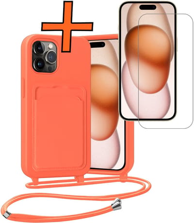 Hoesje Geschikt voor iPhone 14 Pro Hoesje Met Telefoonketting Pasjeshouder Case Met Screenprotector Koord - Hoesje Geschikt voor iPhone 14 Pro Hoes Met Kaarthouder - Papaya