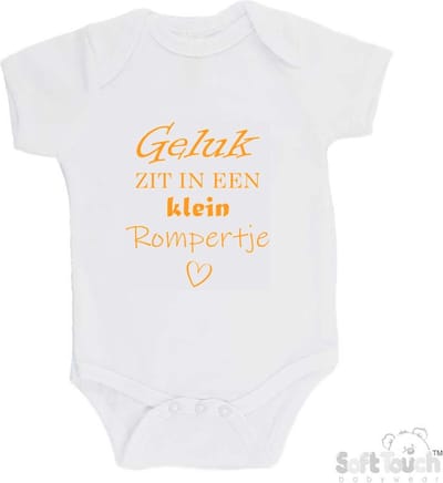 100% katoenen Romper "Geluk zit in een klein rompertje" Unisex Katoen Wit/mosterd Maat 56/62