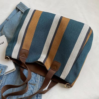 Sac à bandoulière en toile pour femme, sac à rayures, fourre-tout, pour les déplacements quotidiens, pour les étudiants