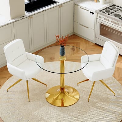 FloraGrace Eettafelset 85 Cm - Ronde Glazen Tafel En 2 Draaistoelen - Voor Eethoek - Glas Metaal PU - Wit Goud