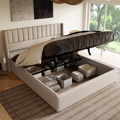STILVORA Tweepersoonsbedden 160x200 cm - Gestoffeerd Bed Met Onderopbergruimte - Hydraulisch Opbergbed Inclusief Lattenbodem - Linnen - Beige
