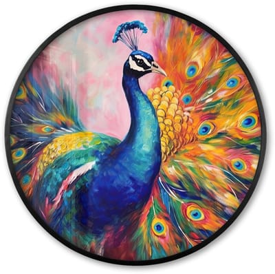 Poster in lijst Rond - Fotolijst 60x60 cm - Posters - Pauw - Dieren - Schilderij - Regenboog - Ronde posterlijst zwart - Decoratie - Wanddecoratie woonkamer - Muurdecoratie slaapkamer