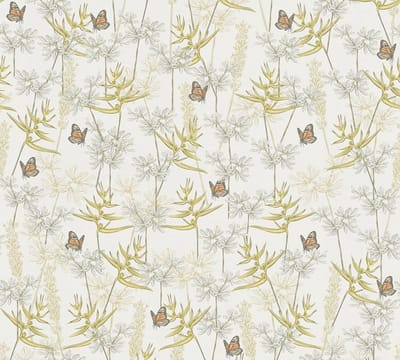 GRASSEN EN VLINDERS BEHANG | Botanisch & Dieren - Wit Geel Grijs Oranje - Living Walls Drawn Into Nature