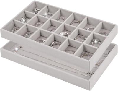 Stapeltableau voor Sieraden met 18 Vakken en Grote Tray voor Oorbellen, Kettingen en Ringen, Grijs