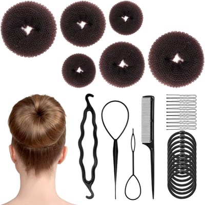 Haarknot donut - 6 stuks haarbroodjesmaker - met 30 stuks U-vormige haarspelden - 10 stuks elastische banden - 4 stuks pony haargereedschap - haaraccessoires voor vrouwen - meisjes - kinderen