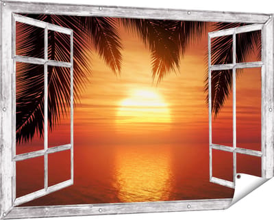 Gards Tuinposter Doorkijk Zonsondergang op het Strand met Palmbomen - 150x100 cm - Tuindoek - Tuindecoratie - Wanddecoratie buiten - Tuinschilderij