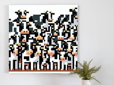 Pixel art koeien schilderij | Moo Pixel Artweide: ondeugende koeien bespelen het kunstspel | Kunst - 40x40 centimeter op Dibond | Foto op Dibond