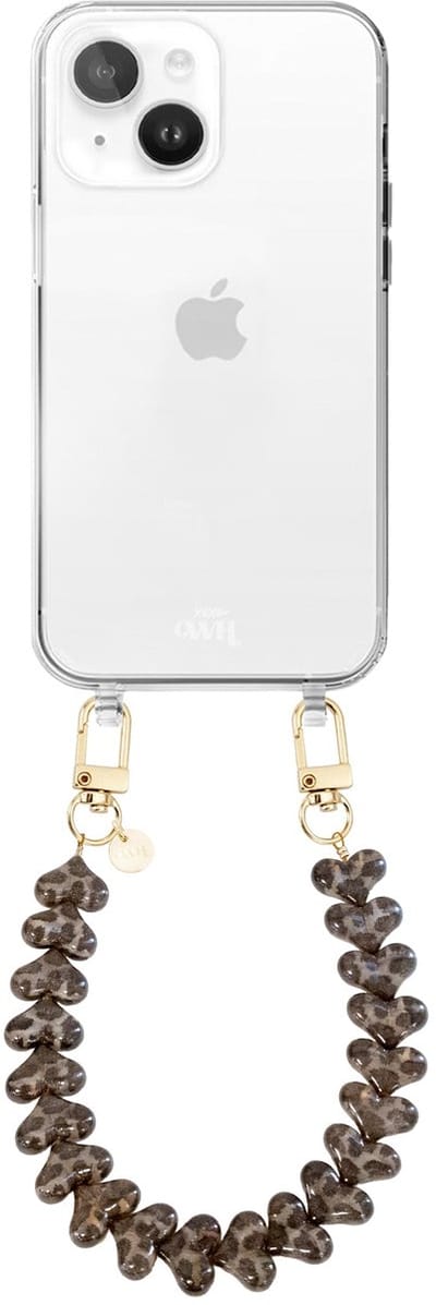 xoxo Wildhearts siliconen hoesje - Geschikt voor iPhone 13 hoesje - Funky Hearts - Telefoonhoesje - Hoesje met koord - Transparant koord met Luipaard print - Kort telefoonkoord - Hartjes ketting - Transparant hoesje - Leopard