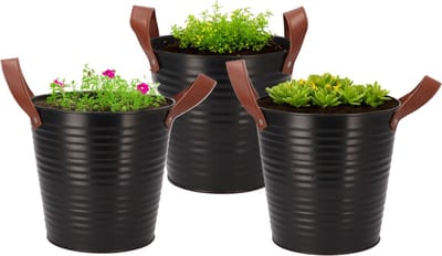 DK Design Plantenpot/bloempot emmer Leather- 3x - zink - zwart - D18 x H17 cm