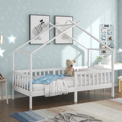 DESMIU Huisbed 90x200 cm – Kinderbed Met Valbeveiliging En Leuning – Speels Ontwerp Met Opbergruimte Onder Het Bed – Voor Kinderkamer En Jeugdkamer – Massief Hout – Wit