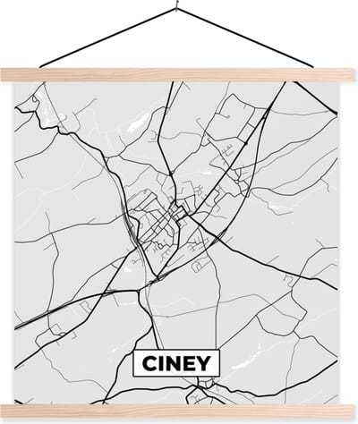 Posterhanger incl. Poster 40x40 cm - Schoolplaat - Kaart – Plattegrond – Stadskaart – Ciney – België – Zwart Wit - Textielposter - Blanke latten - Stadskaart