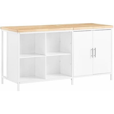 SoBuy Centraal keukeneiland met rubberhouten werkblad, keukentrolley, keukenkast met 2 deuren, 4 kubusvakken, 170x60x89 cm, wit KNL09-WN