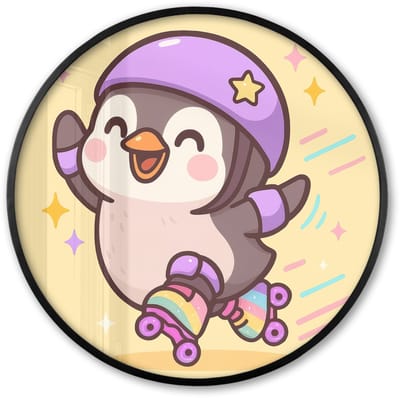 Poster in lijst Rond - Fotolijst 60x60 cm - Posters - Pinguïn - Rolschaatsen - Geel - Energiek - Ronde posterlijst zwart - Decoratie - Wanddecoratie woonkamer - Muurdecoratie slaapkamer