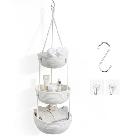 Hangorganizer van katoenen touw, 3-traps hangmand voor deur en muur, witte badkamerorganizer en wandmand voor badkamer, kinderkamer en slaapkamer (B-wit)