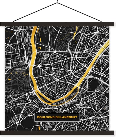 Posterhanger incl. Poster 60x60 cm - Schoolplaat - Frankrijk - Plattegrond - Boulogne-Billancourt - Stadskaart - Kaart - Textielposter - Zwarte latten - Stadskaart