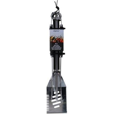 alpina BBQ Gereedschap Set – 6-Delige Barbecue Set met Spatel, BBQ Tang en Vleesvork – Inclusief 4 Spiezen – Roestvrij Staal – Ideaal voor Grillen van Vlees en Groenten