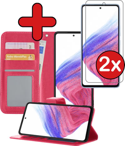 Hoesje - Met 2x Screenprotector - Geschikt voor Samsung Galaxy A53 - Luxe Pasjeshouder - Flip Case - Bookcase Portemonee - Kunstleer Book Case - Flipcase Hoes - Book Cover - Walletcase - Portemonneehoes - Telefoonhoes - Donkerroze