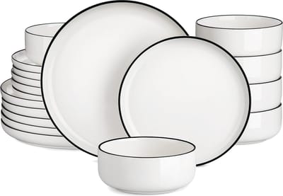 DHN Serviesset Wit met Zwarte rand - 18 stuks - 6 personen Serviesset - Klassiek wit diner set - Wit - Minimalistisch design - Tafelgerei