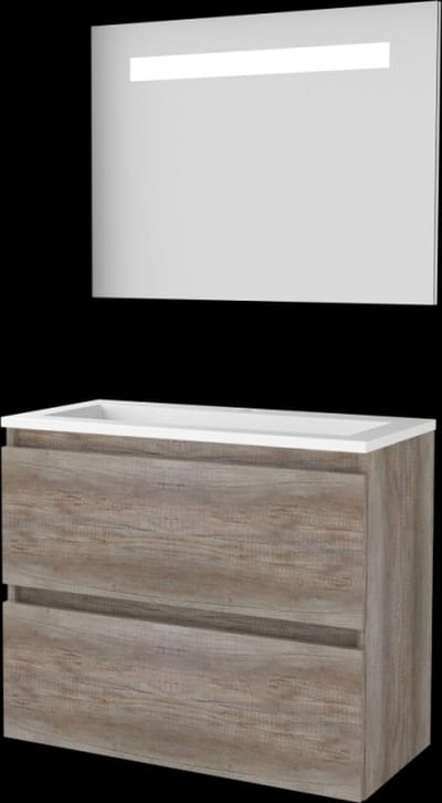 Basic-Line Economic 39 Badkamermeubelset - Ondiep - 80 x 39 cm - Greeploos - 2 Lades - Acryl Wastafel - 1 Kraangat - Spiegel met LED Verlichting - Scotch Oak