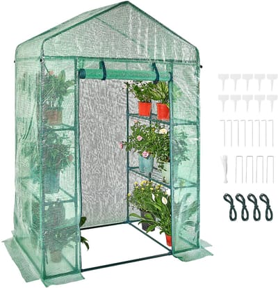Inloopkas, 4,6 x 2,4 x 6,7 ft met planken, snelle montage, zeer sterk PE-oppervlak, deuren en ramen, stalen frame voor planten en opslag, groen