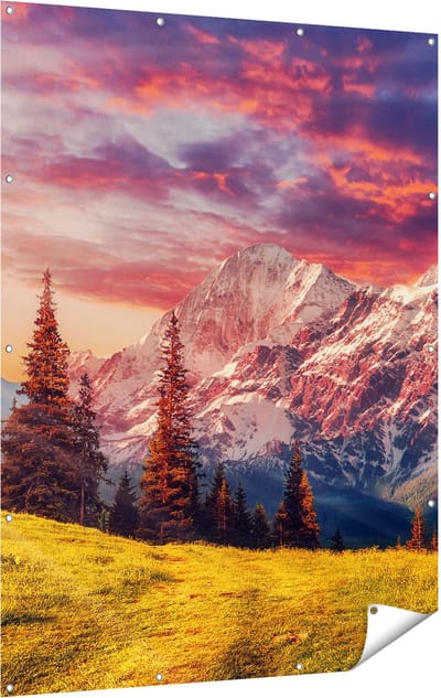 Gards Tuinposter Alpen Landschap met een Kleurrijke Hemel - 120x160 cm - Tuindoek - Tuindecoratie - Wanddecoratie buiten - Tuinschilderij
