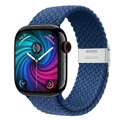 Blauw nylon horlogebandje geschikt voor Apple Watch dames en heren 38 mm / 40 mm / 41 mm / 42 mm (serie 10 / 11) , elastisch smartwatch bandje zonder gesp, gevlochten stretch vervangend horloge bandje