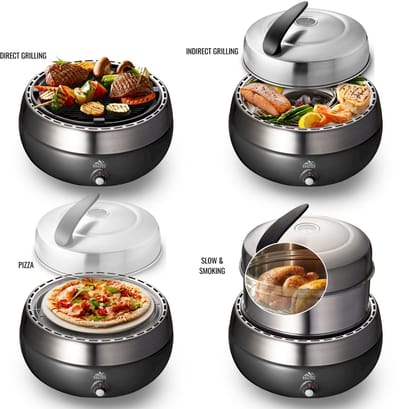 BBQ2GO PRO SET met zware grillplaat - Rookvrije Houtskool Barbecue - Tafel BBQ - Draagbaar voor 5 Personen - Met Pizzaset, Rookverhoging, Indirect Grillrooster & Draagtas - Ø30cm