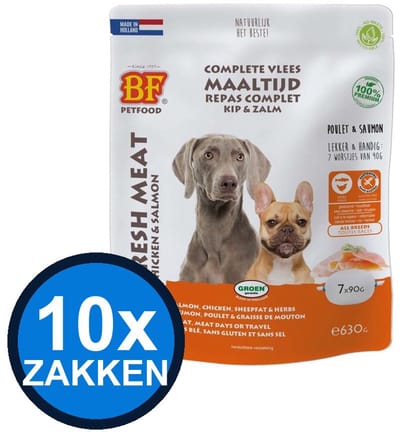 10x Biofood - Vleesvoeding Compleet Kip & zalm Zak Multipack - Hondenvoer Droogvoer - 630 g