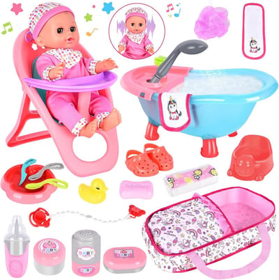 25-delige babypoppenaccessoireset - Speelset met badaccessoires, hoge stoel, fopspeen en luiers - Cadeau voor kinderen vanaf 3 jaar