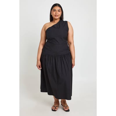 boohoo Dames Plus Katoenen Popeline Jurk Met Éen Schouder En Gerimpeld Midaxi Model | Zwart | Maat: 44
