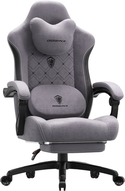 Dowinx Ergonomische Bureaustoel/Gamingstoel – Met Verwarming En Massagefunctie – Met Lendensteun – Breed Zitkussen – Met Armleuningen En Voetsteun – Stof – Zwart,Grijs