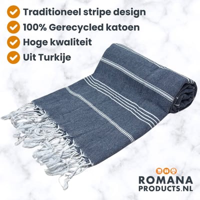 Romana Products Stripe Hamamdoek - Baddoek - Strandlaken - Saunalaken - 100cm x 180cm - Donker Blauw
