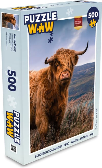 Puzzel Schotse Hooglander - Berg - Water - Natuur - Koe - Legpuzzel - Puzzel 500 stukjes
